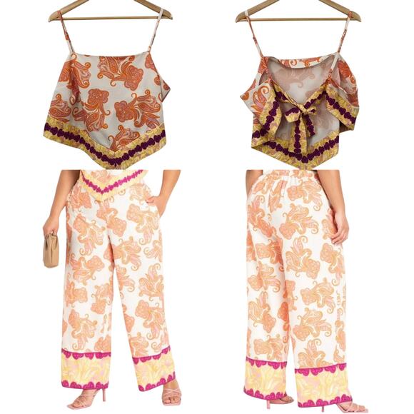 Eloquii Paisley Print 2 Piece Set Wide Leg Pants & Crop Top Tie Back Orange 18 - Picture 1 of 12